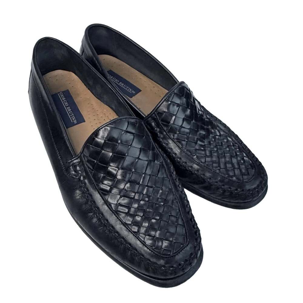 Vintage Giorgio Brutini Black Woven Leather Loafers Made Brazil Men’s 10D luxury